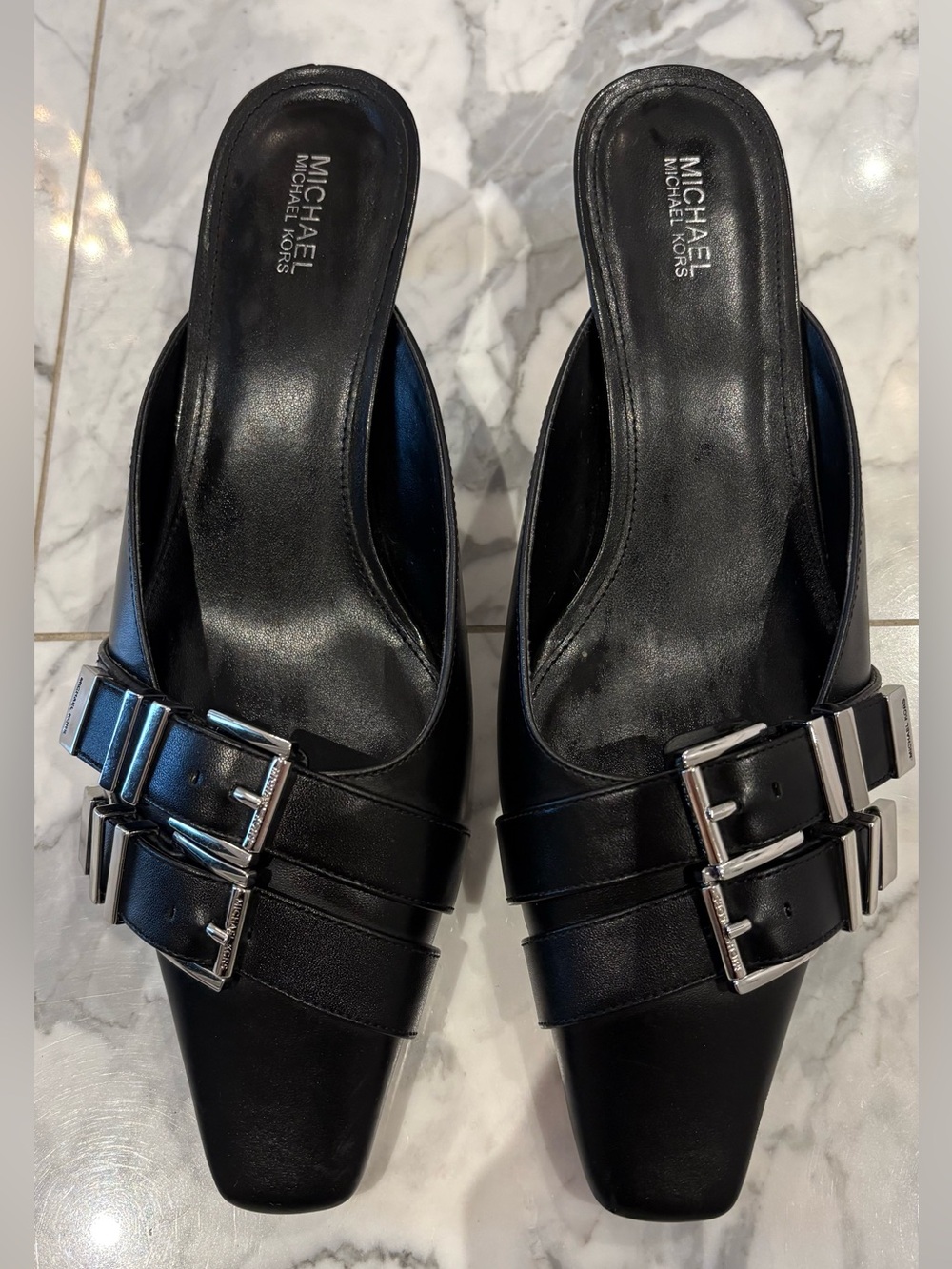 MICHAEL Michael Kors Black Darrington Leather Double-Buckle Mules
